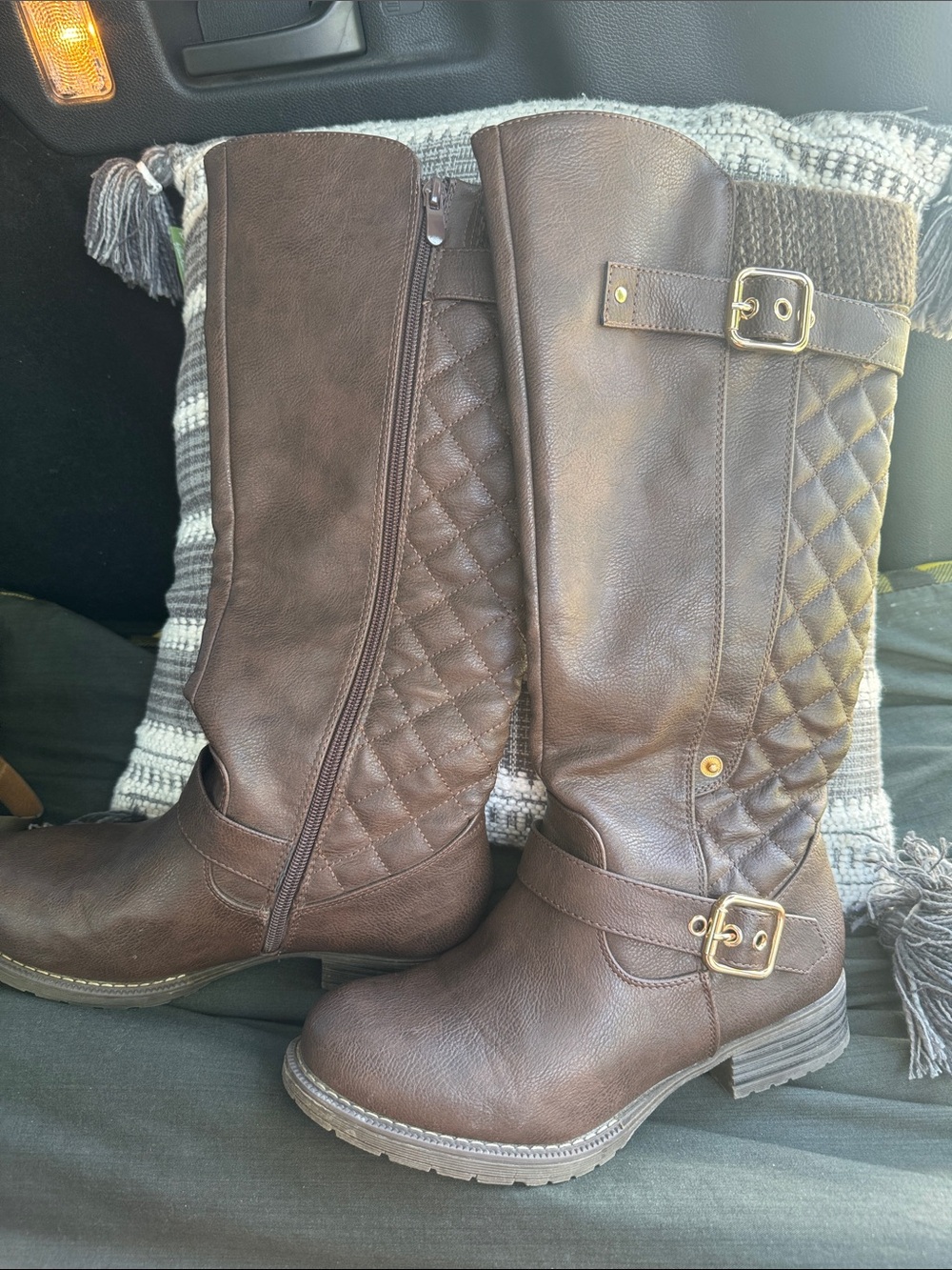 Global Win Brown Quilted Riding Boots with Buckles